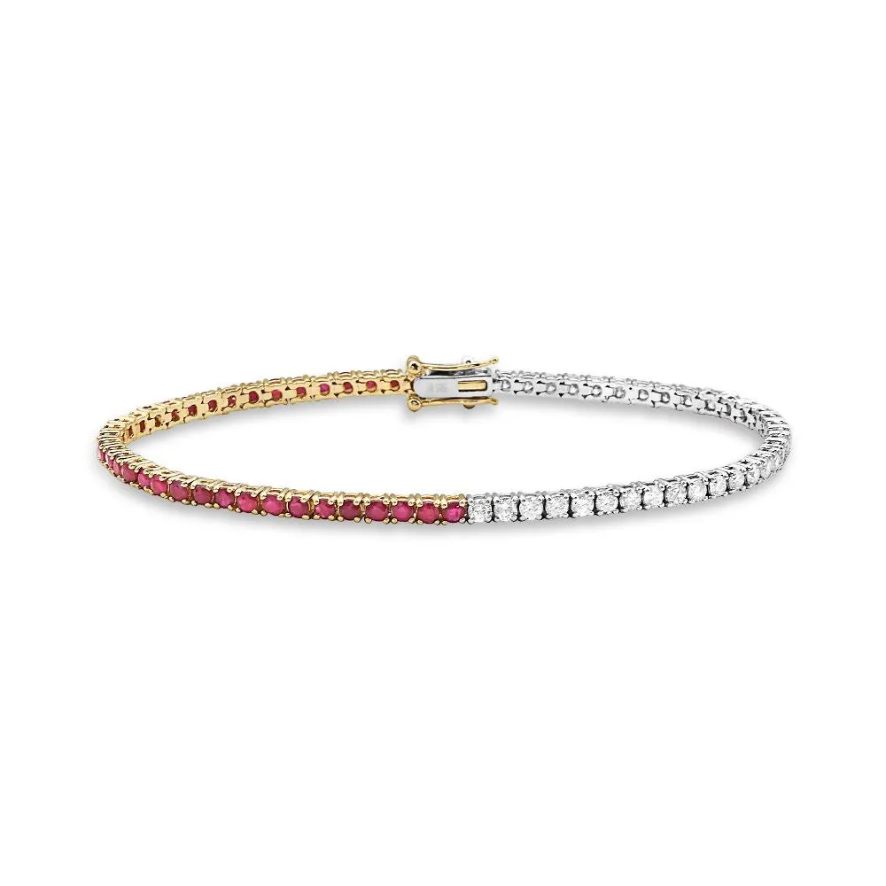 Half Diamond Half Ruby Tennis Bracelet (3.75 ct.) 4-Prongs Setting in 14K Gold