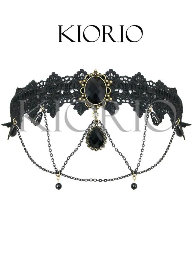 Handmade Black Vintage Lace Dark Gems Metal Chain Hair Clasp Hair Hoop With Chains