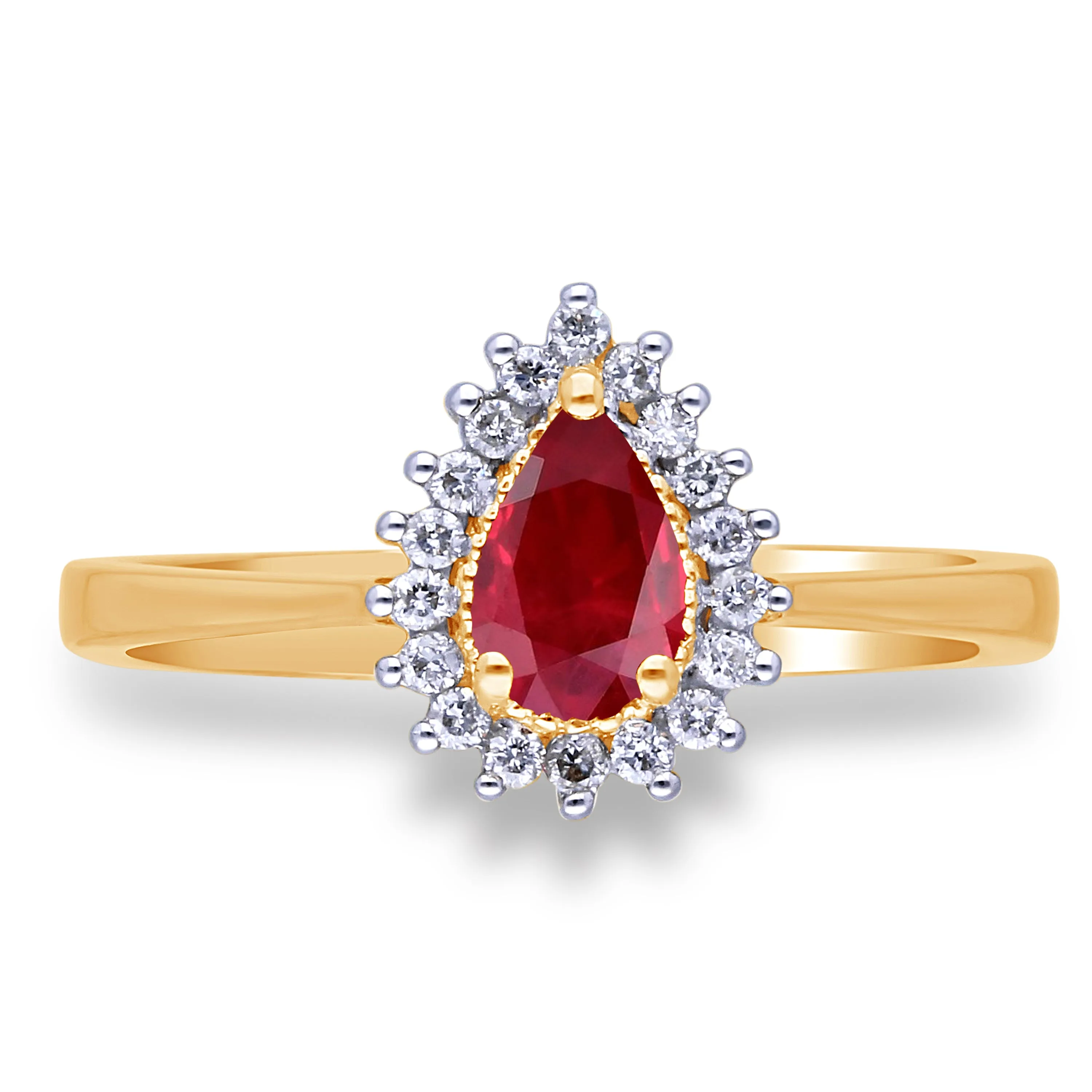 Kallati Heirloom Pear Halo Ruby & Diamond Engagement Ring in 14K Yellow Gold