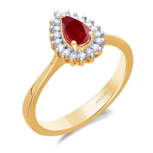 Kallati Heirloom Pear Halo Ruby & Diamond Engagement Ring in 14K Yellow Gold