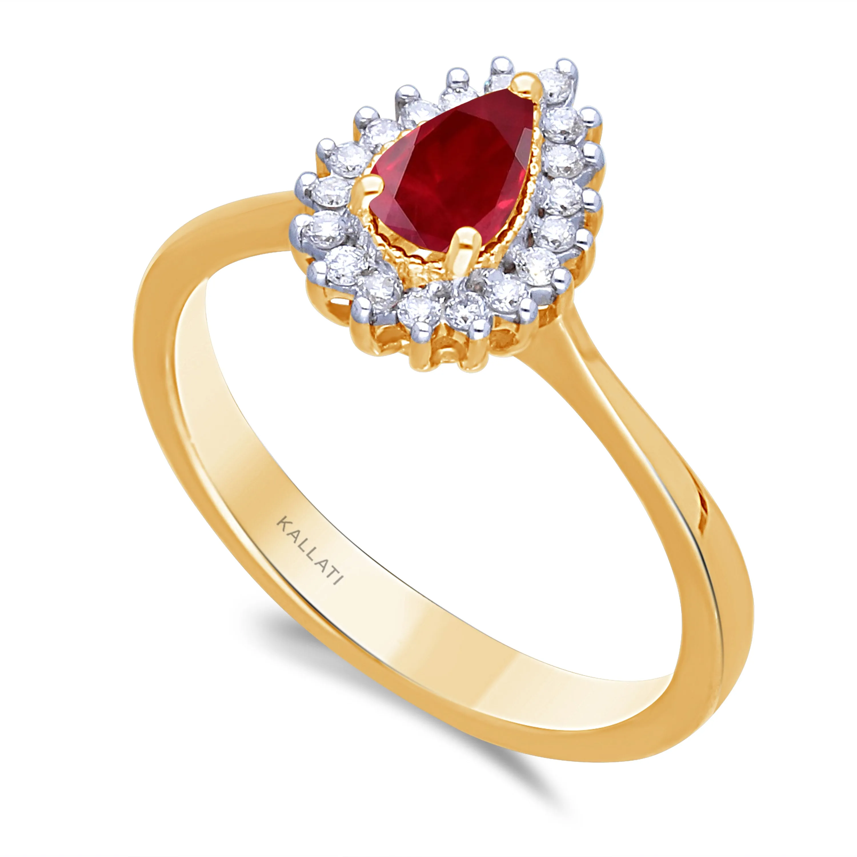 Kallati Heirloom Pear Halo Ruby & Diamond Engagement Ring in 14K Yellow Gold