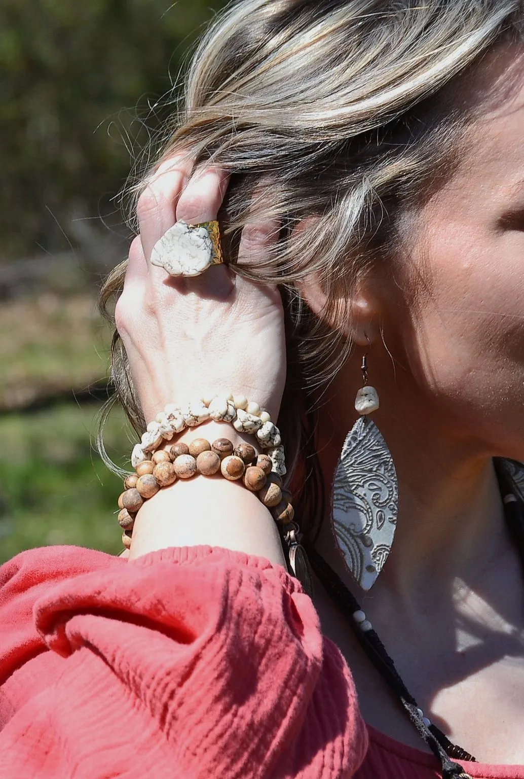 Leather Oval Earrings in Oyster Paisley w/ Turquoise Accent 207f