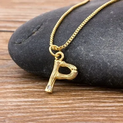 Metal Bamboo Necklace with Initial A-Z for Women and Men in Gold Color