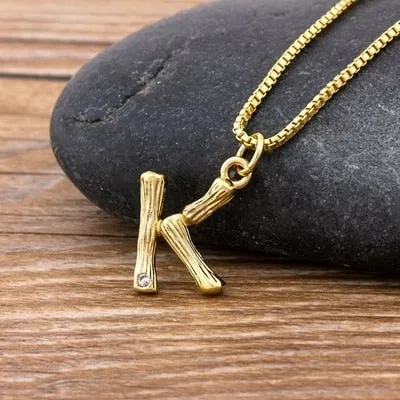 Metal Bamboo Necklace with Initial A-Z for Women and Men in Gold Color