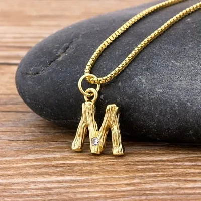 Metal Bamboo Necklace with Initial A-Z for Women and Men in Gold Color