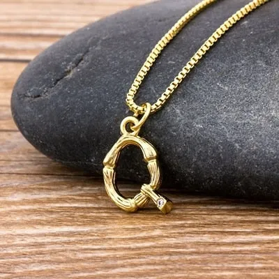 Metal Bamboo Necklace with Initial A-Z for Women and Men in Gold Color