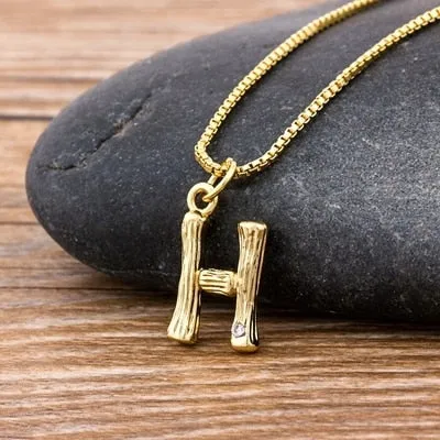 Metal Bamboo Necklace with Initial A-Z for Women and Men in Gold Color