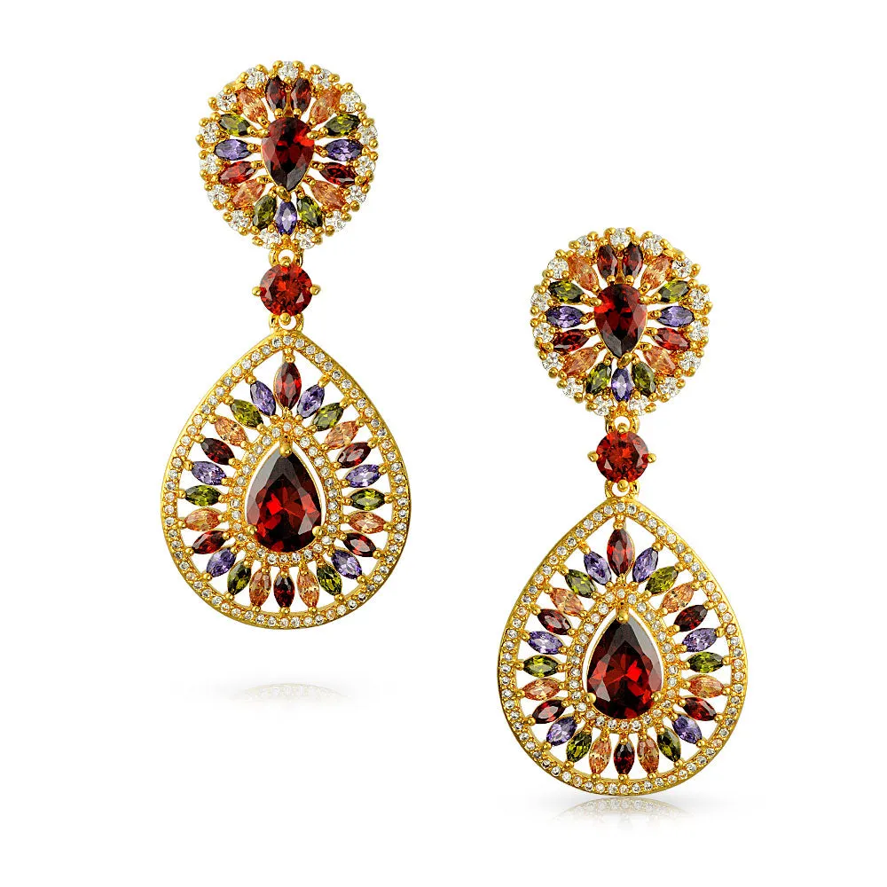 Multicolor CZ Teardrop Dangle Chandelier Earrings for Wedding Prom Gold Plated