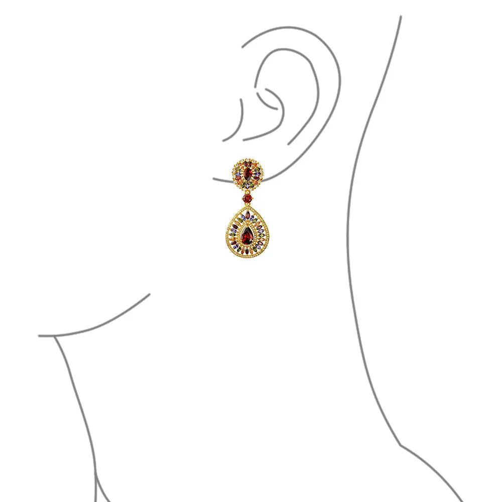 Multicolor CZ Teardrop Dangle Chandelier Earrings for Wedding Prom Gold Plated