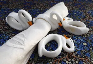 Napkin Rings Set Goose Swan 4 White Hand Painted Ceramic Figural Geese Birds