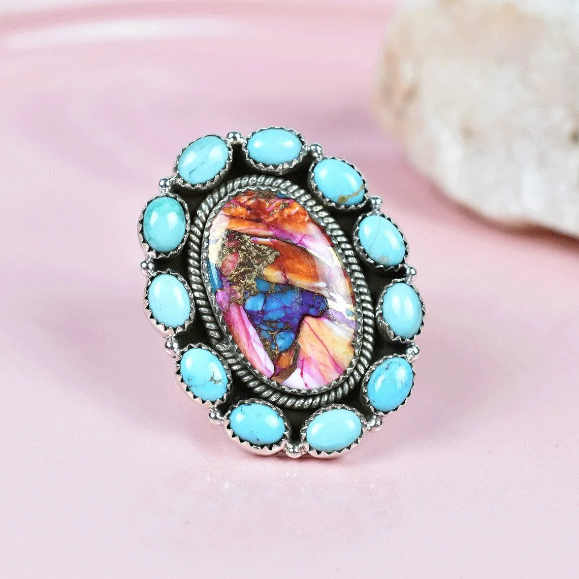 Native American Elongated Copper Turquoise Cluster Rings - 925 Sterling Silver Bohemian Rings