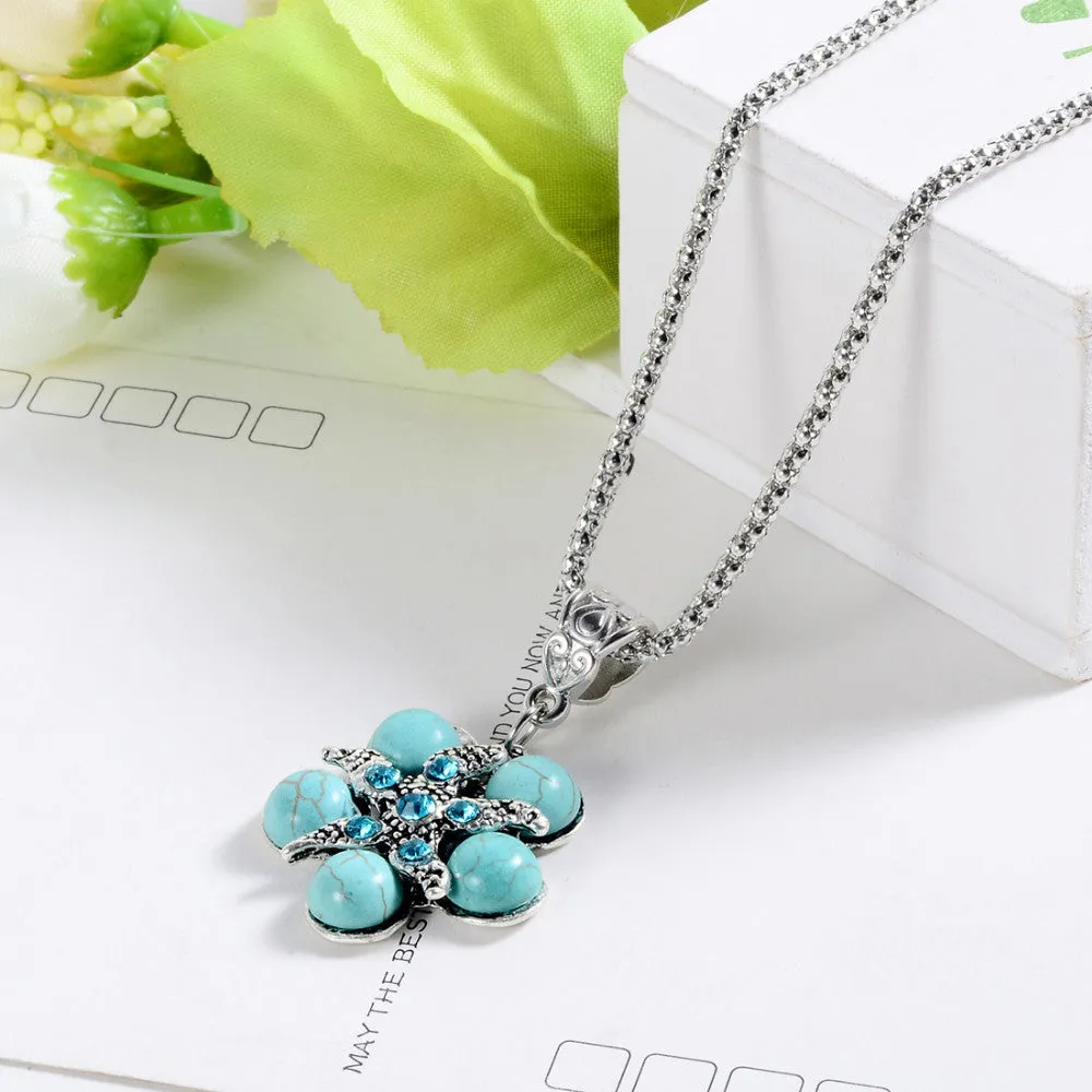 New Arrival Fashion rhinestone blue flower Pendant Tibetant Silver vintage Necklace jewelry for Women