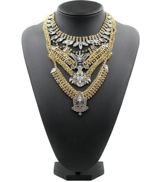 New Fashion Vintage Necklace Wholesale Women Crystal Mulit Layer Collar Costume Metal Chunky Statement Necklaces & Pendants