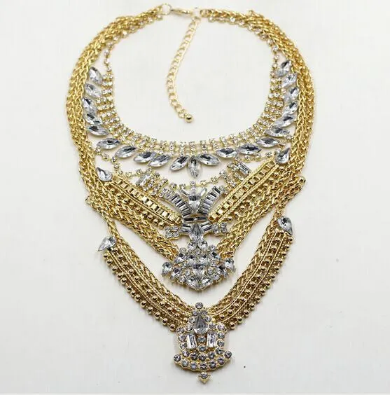 New Fashion Vintage Necklace Wholesale Women Crystal Mulit Layer Collar Costume Metal Chunky Statement Necklaces & Pendants