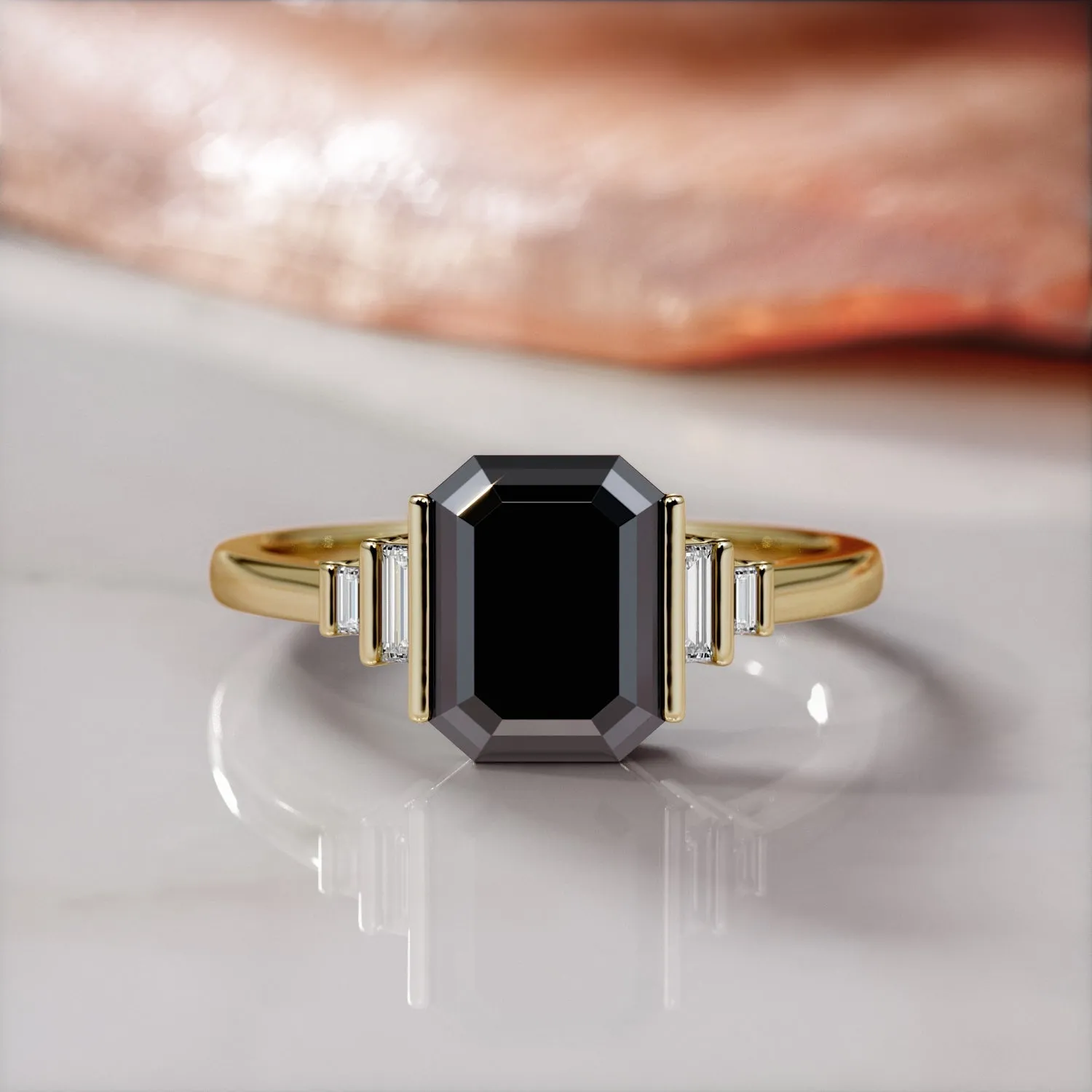 Noir Desir - Art Deco  Natural Black Diamond Emerald Engagement Ring in Yellow Gold