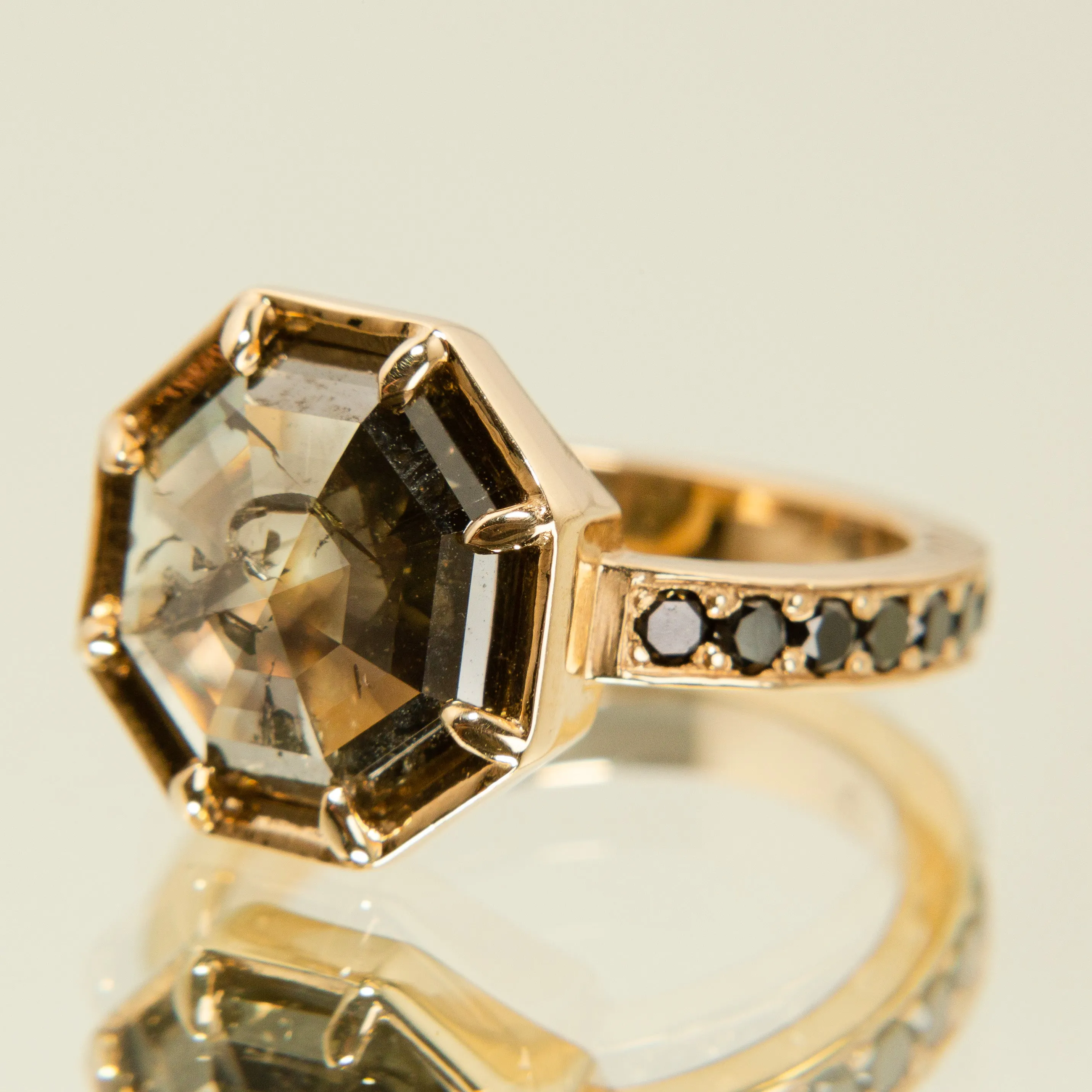 Octagonal Rose Cut Salt   Pepper Diamond Statement Ring