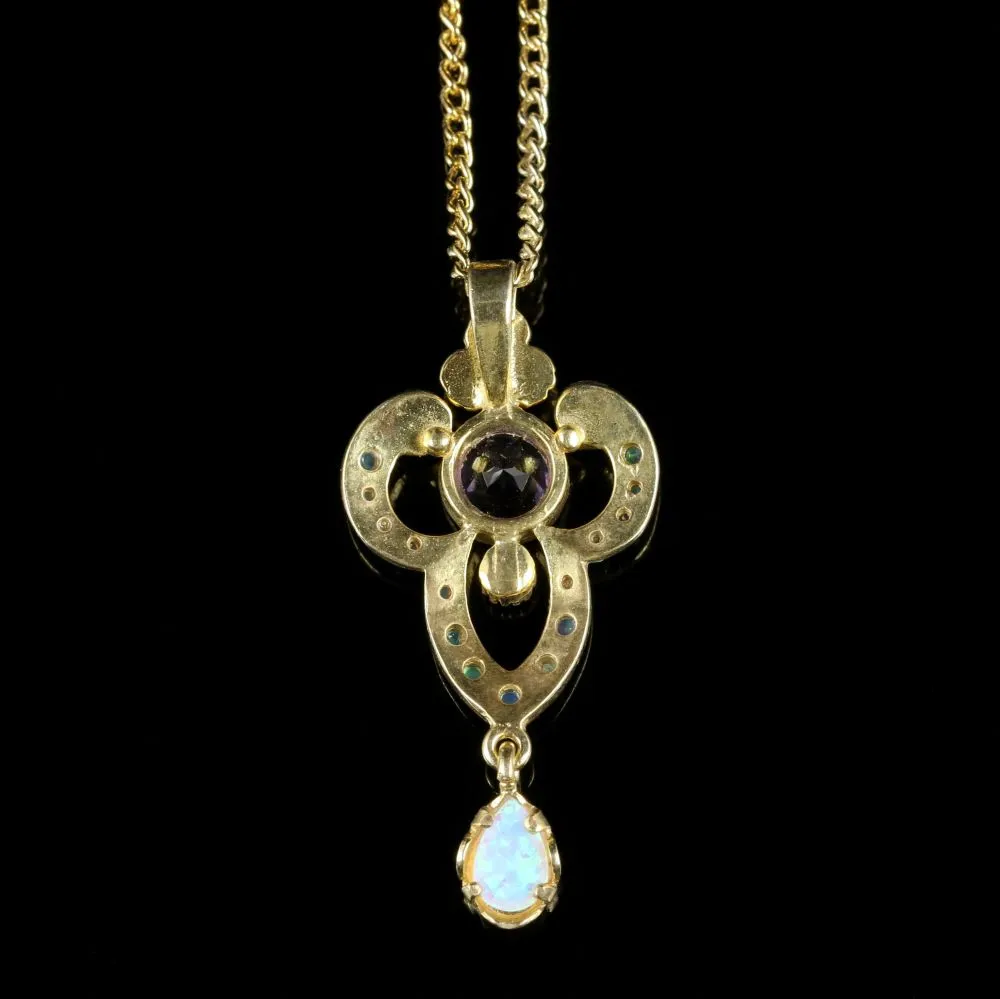 Opal And Amethyst Pendant Necklace 9Ct Gold On Silver