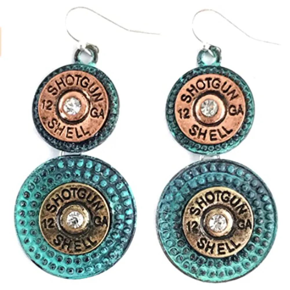 Patina and Copper Tiered 12-Gauge Bullet Earrings