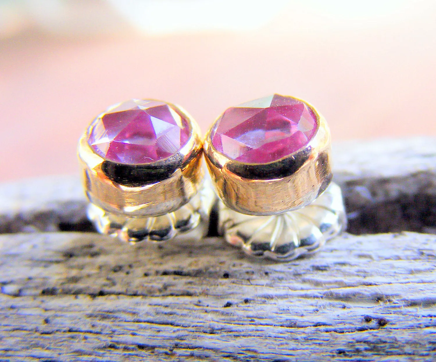 Pink Sapphire Gold Studs Post Earrings, Pink Rose Cut Gemstone, Available In Sterling Silver, Handcrafted Rustic Jewelry