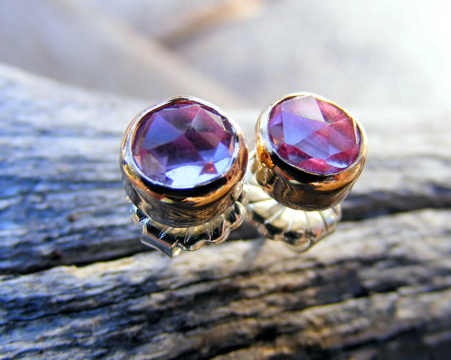 Pink Sapphire Gold Studs Post Earrings, Pink Rose Cut Gemstone, Available In Sterling Silver, Handcrafted Rustic Jewelry