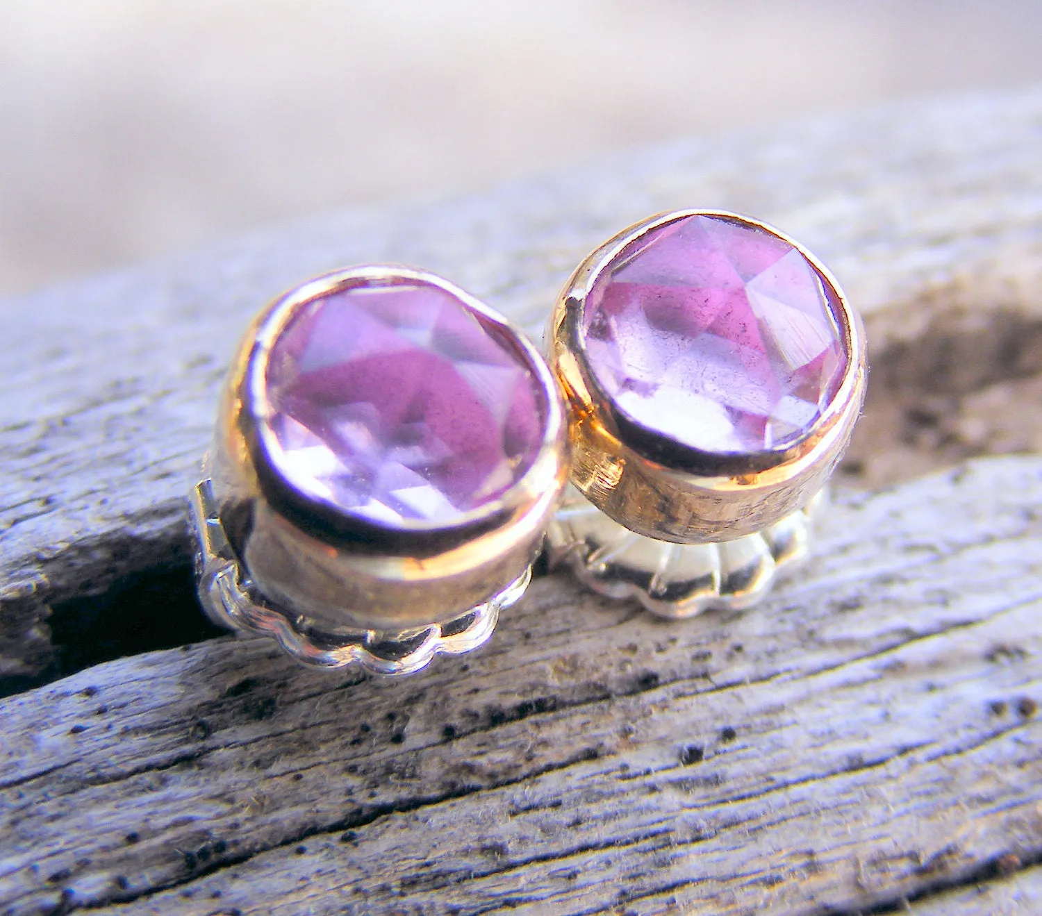 Pink Sapphire Gold Studs Post Earrings, Pink Rose Cut Gemstone, Available In Sterling Silver, Handcrafted Rustic Jewelry