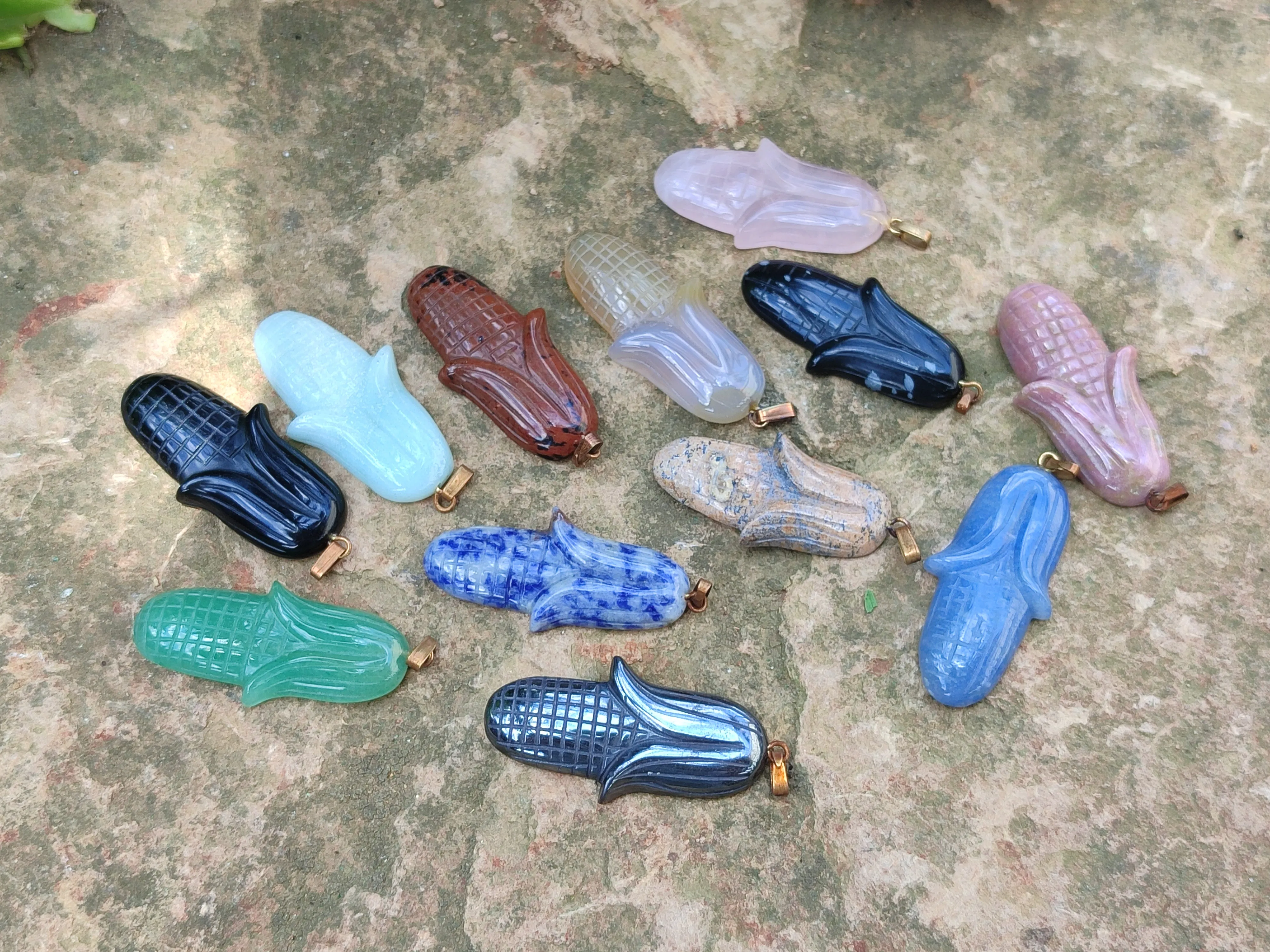 Polished Mixed Set Of 12 Gemstone Maize / Corn Cob Pendants - Sold Per Box - From World