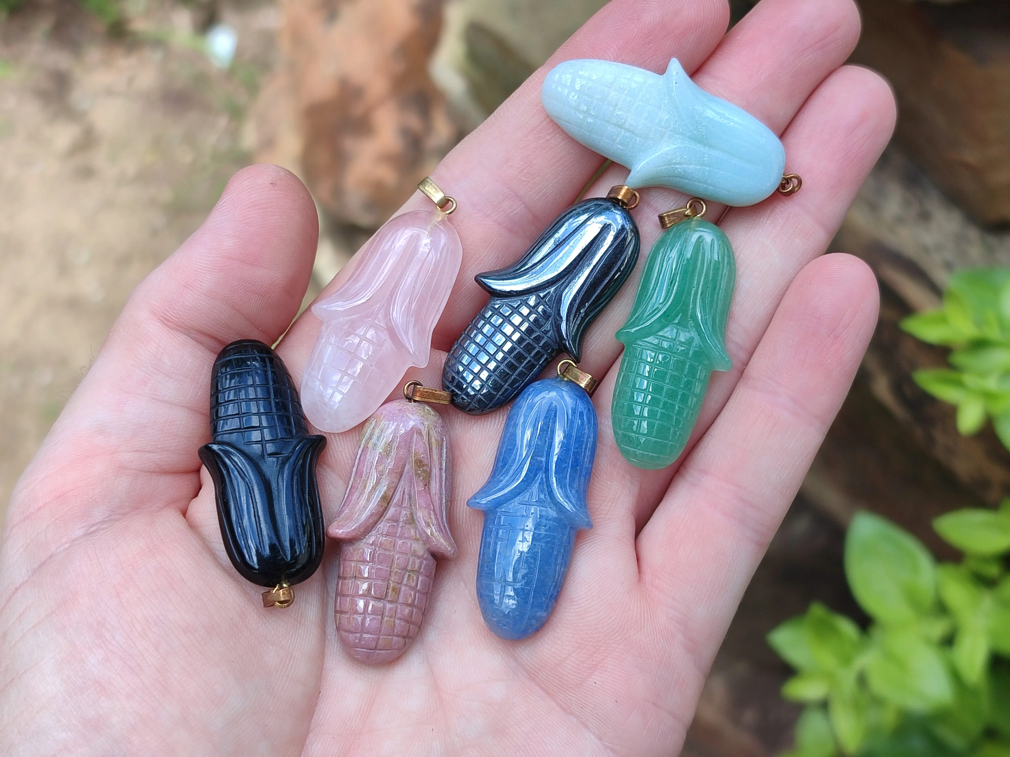 Polished Mixed Set Of 12 Gemstone Maize / Corn Cob Pendants - Sold Per Box - From World