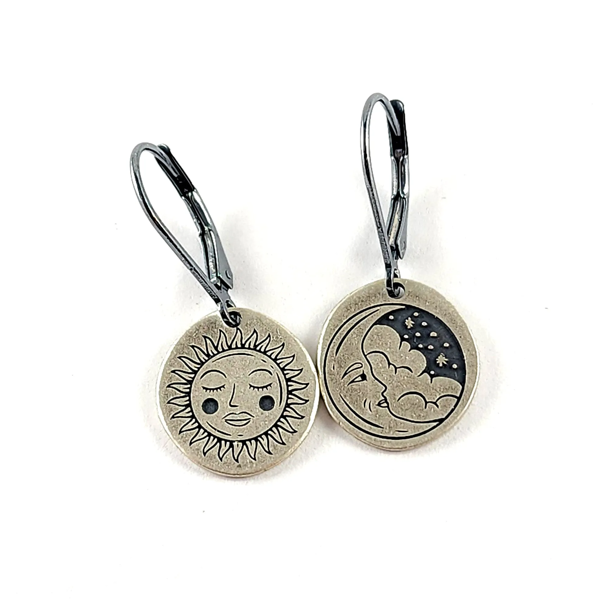 Recycled Coin Silver Mystic Tattoo Engraved Dangle Earrings