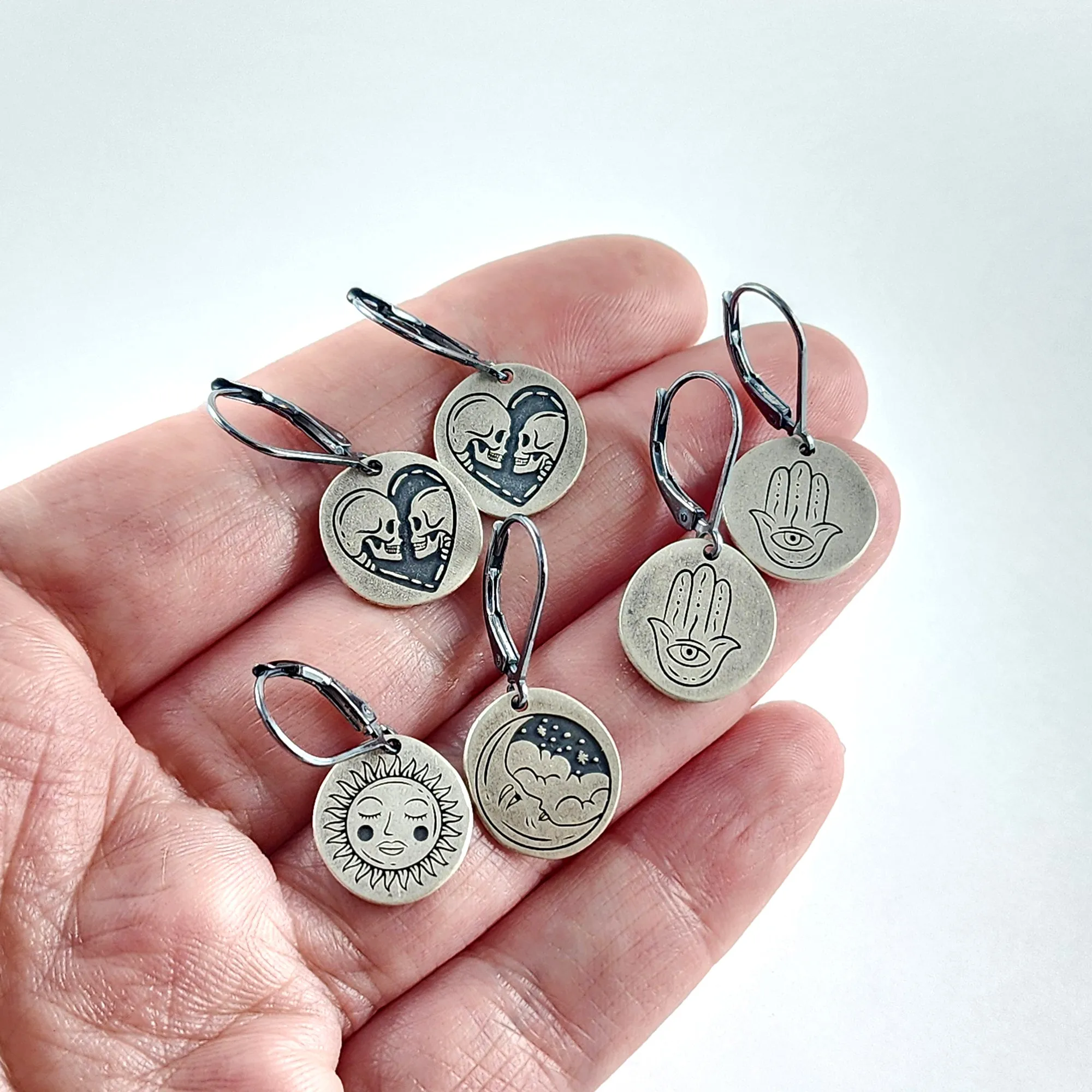 Recycled Coin Silver Mystic Tattoo Engraved Dangle Earrings