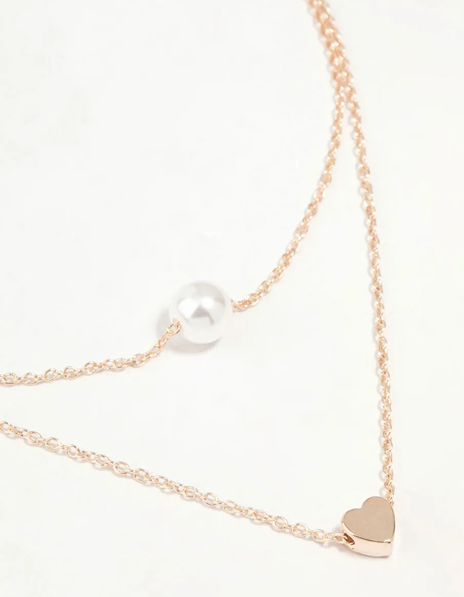 Rose Gold Chain Pearl Heart Layered Necklace