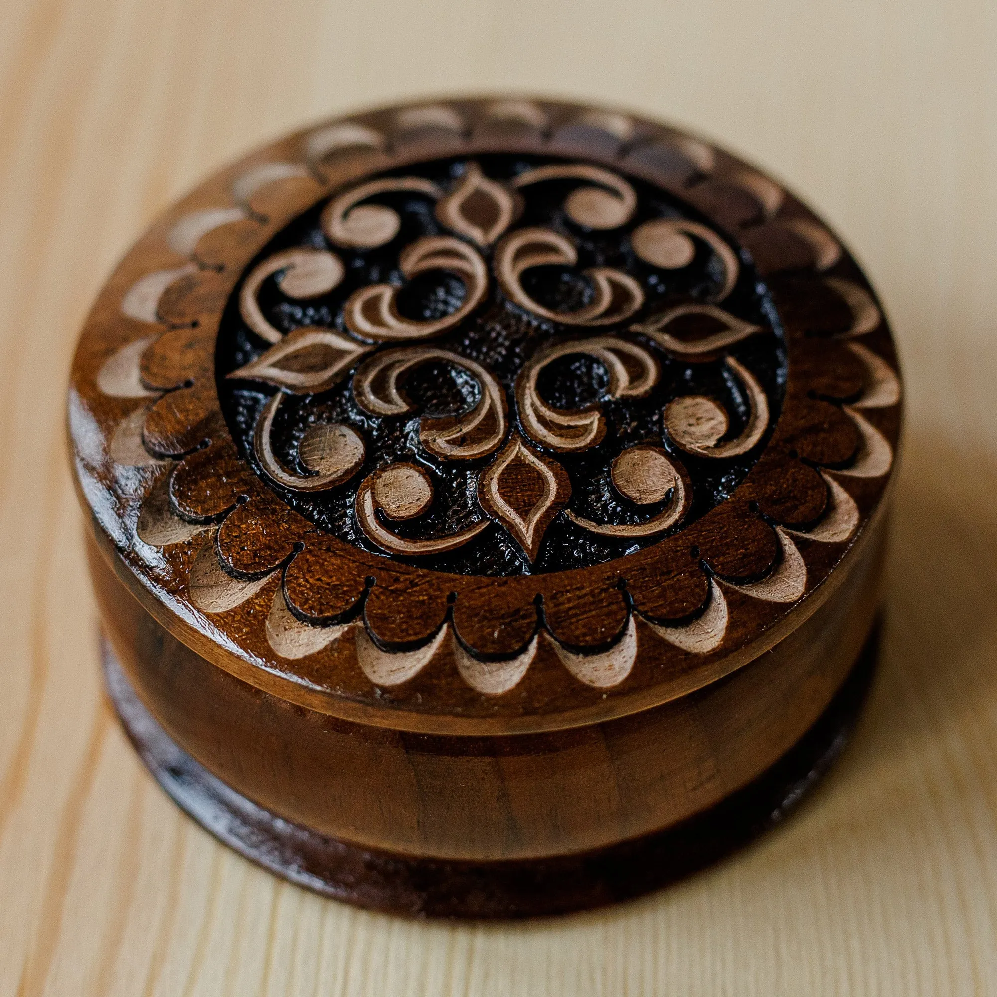 Round Wood Mini Jewelry Box with Hand-Carved Cross Motif - Majestic Cross | NOVICA