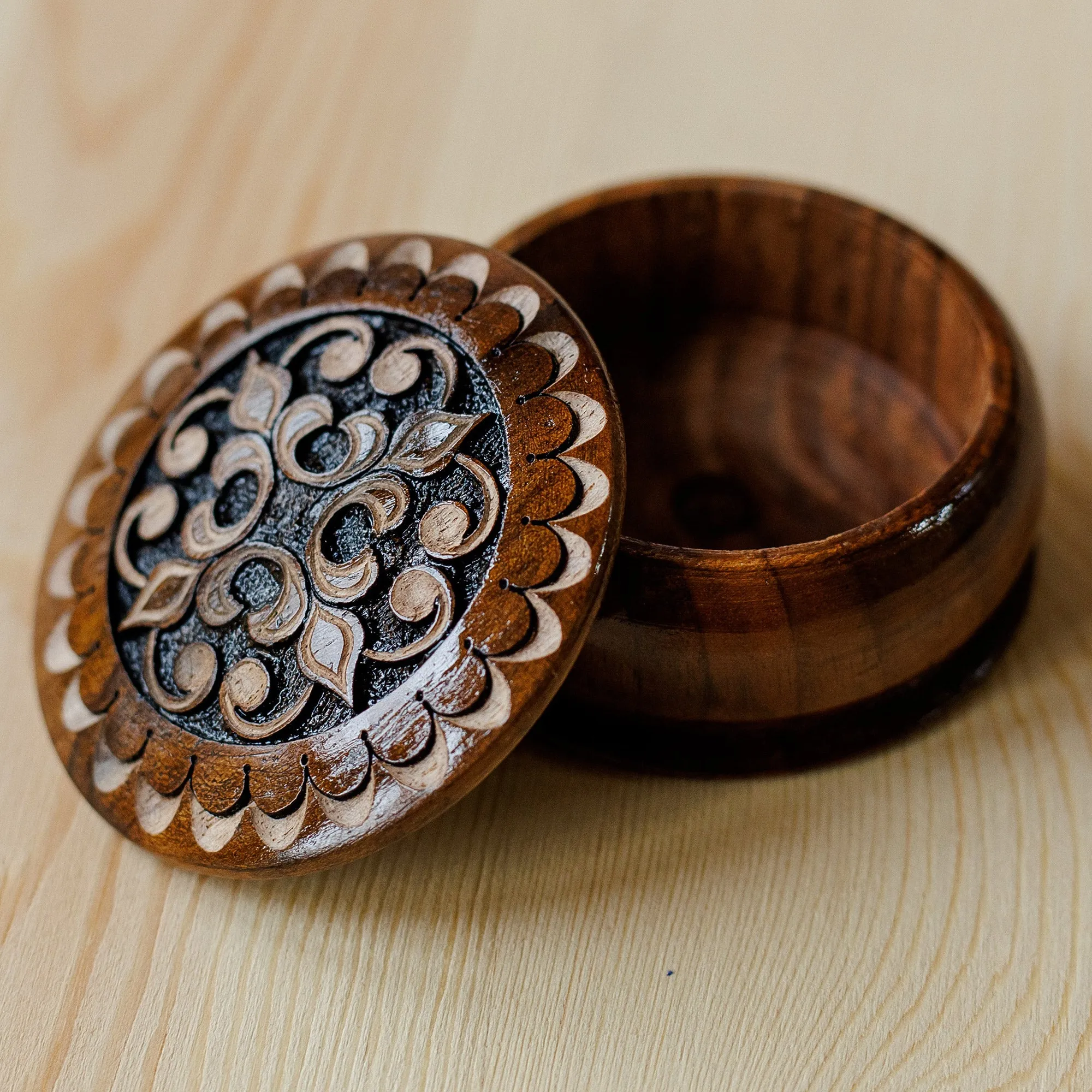 Round Wood Mini Jewelry Box with Hand-Carved Cross Motif - Majestic Cross | NOVICA