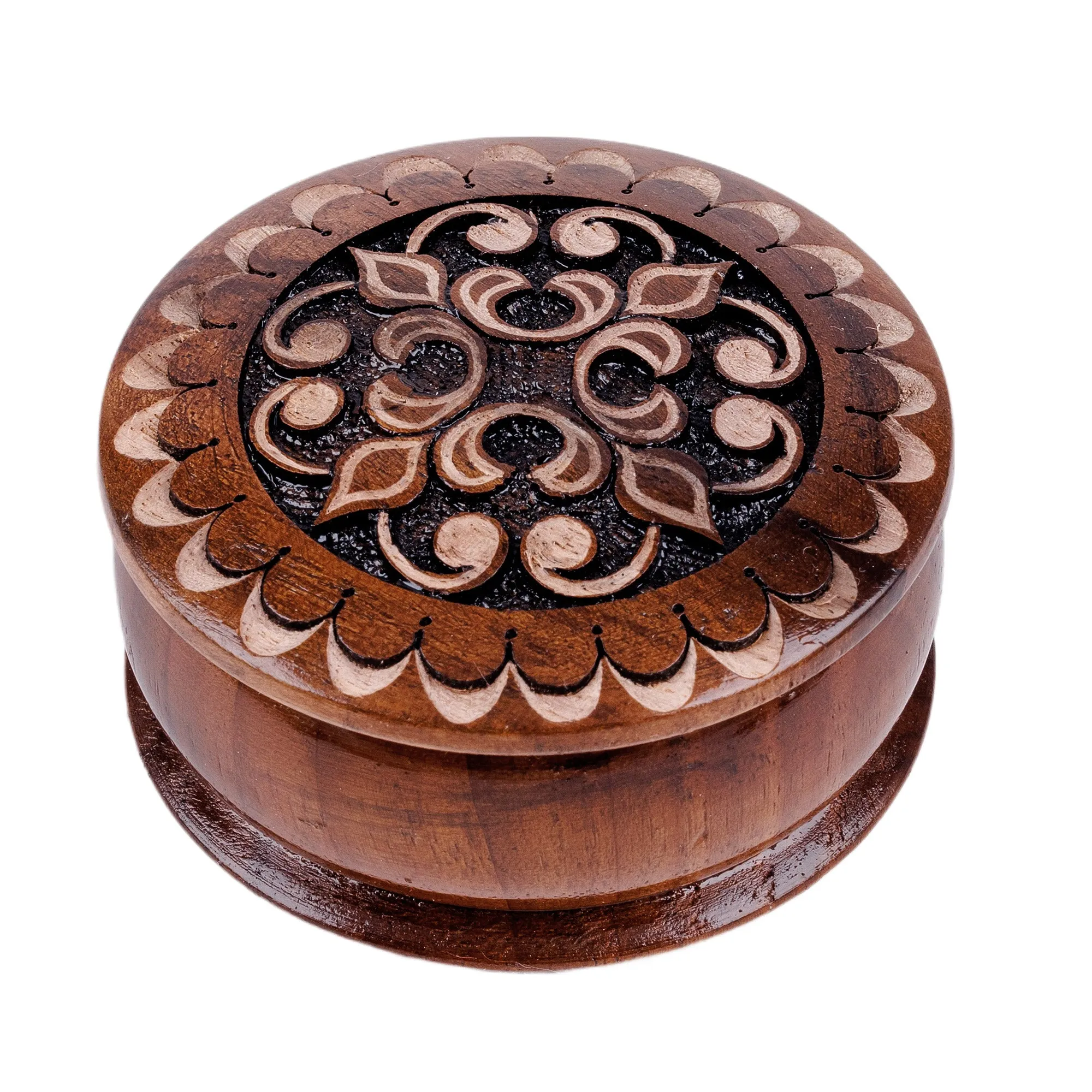 Round Wood Mini Jewelry Box with Hand-Carved Cross Motif - Majestic Cross | NOVICA