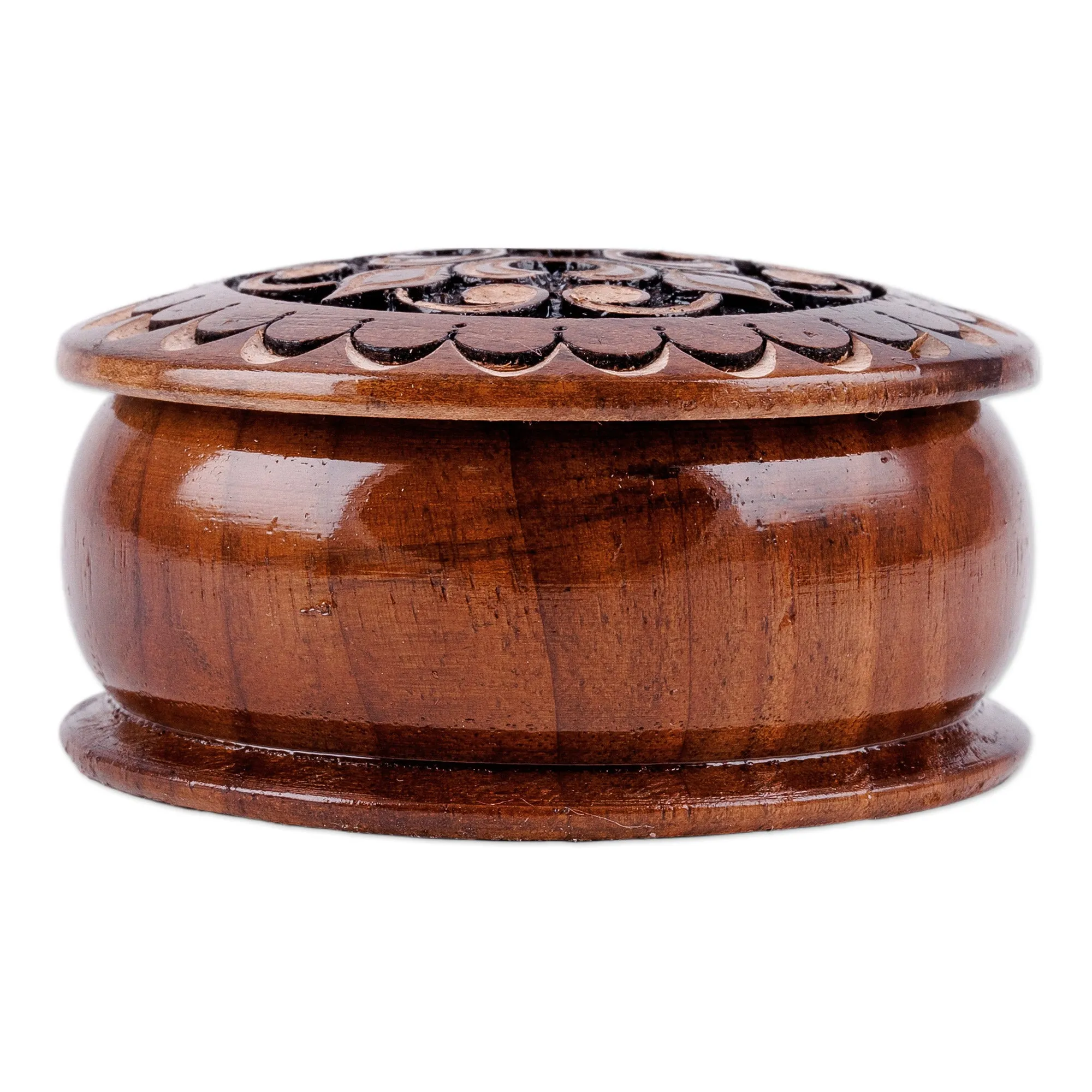 Round Wood Mini Jewelry Box with Hand-Carved Cross Motif - Majestic Cross | NOVICA