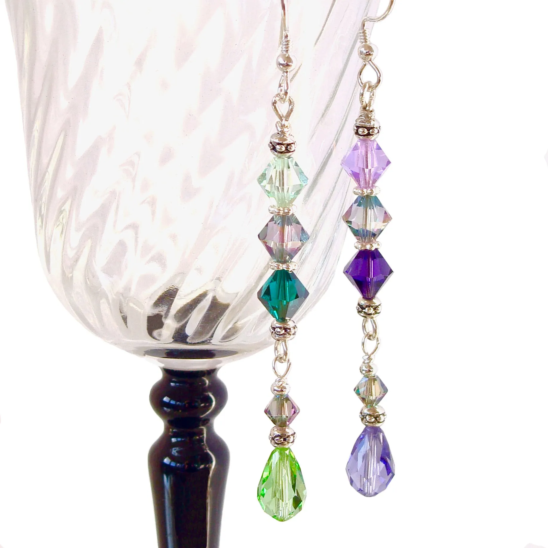 Sabrina: Crystal Dangle Earrings in Purple and Green