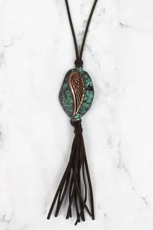 SALE! Patina and Coppertone Wing Tassel Pendant Dark Brown Cord Necklace