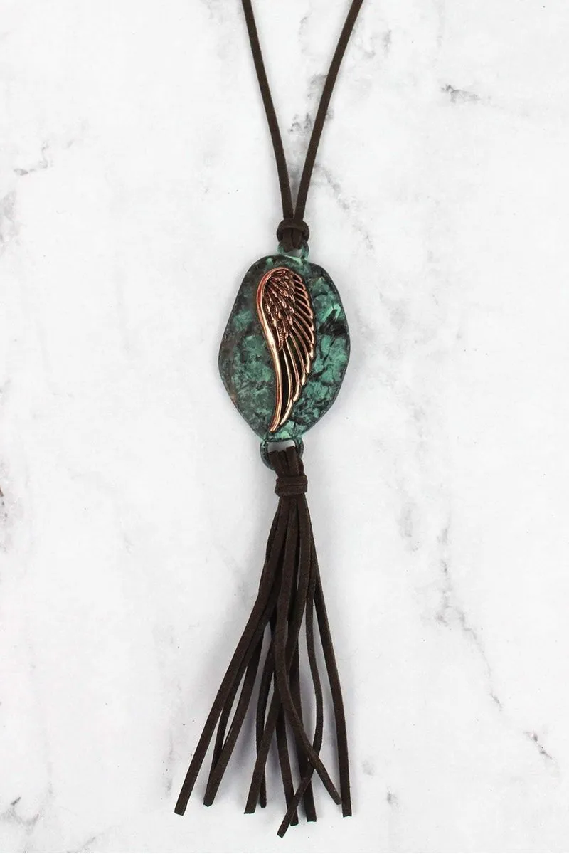 SALE! Patina and Coppertone Wing Tassel Pendant Dark Brown Cord Necklace