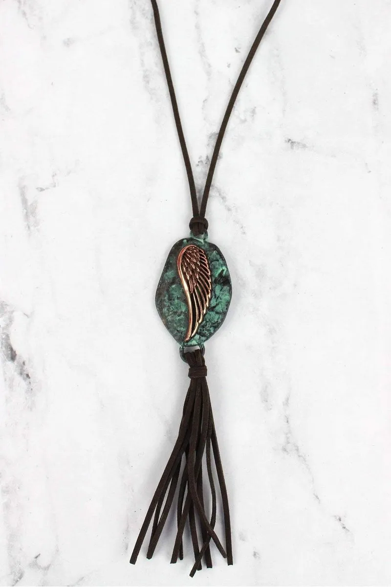 SALE! Patina and Coppertone Wing Tassel Pendant Dark Brown Cord Necklace