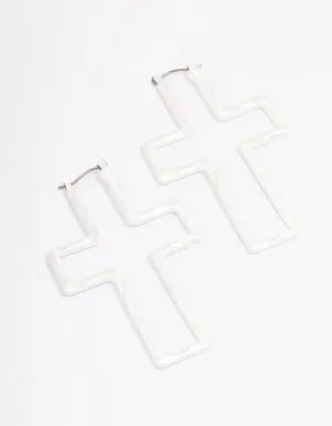 Silver Cross Outline Hoop Earrings