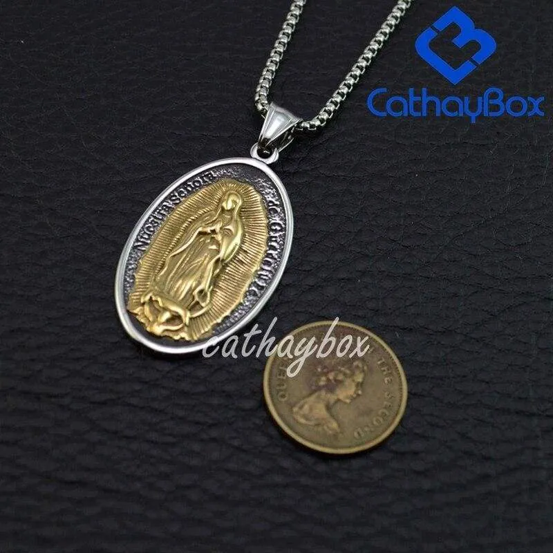 Silver Gold Tone Stainless Steel Oval Our Lady of Guadalupe Saint Mary Pendant Necklace