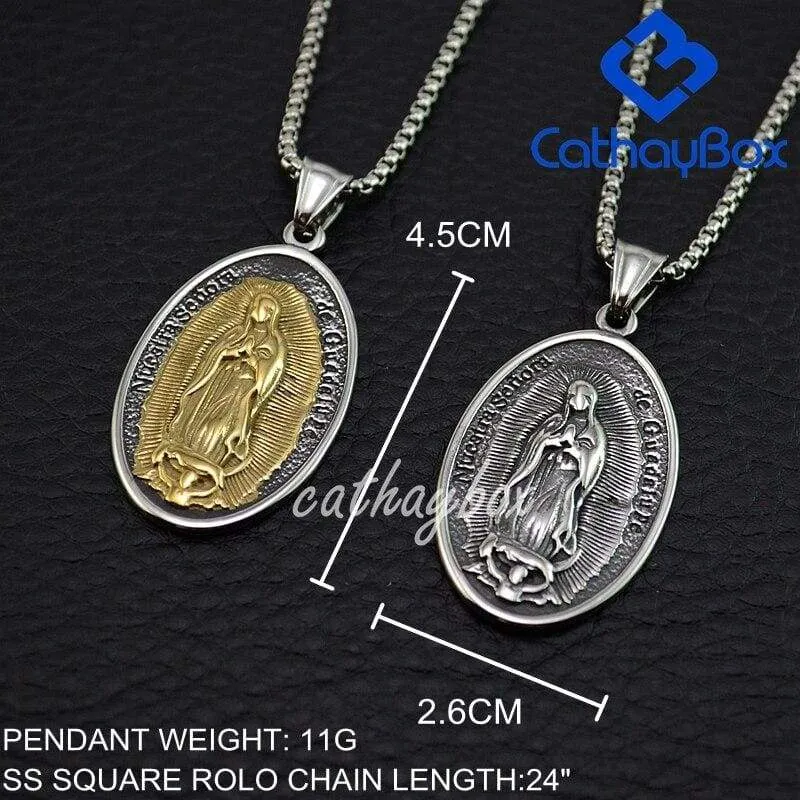 Silver Gold Tone Stainless Steel Oval Our Lady of Guadalupe Saint Mary Pendant Necklace