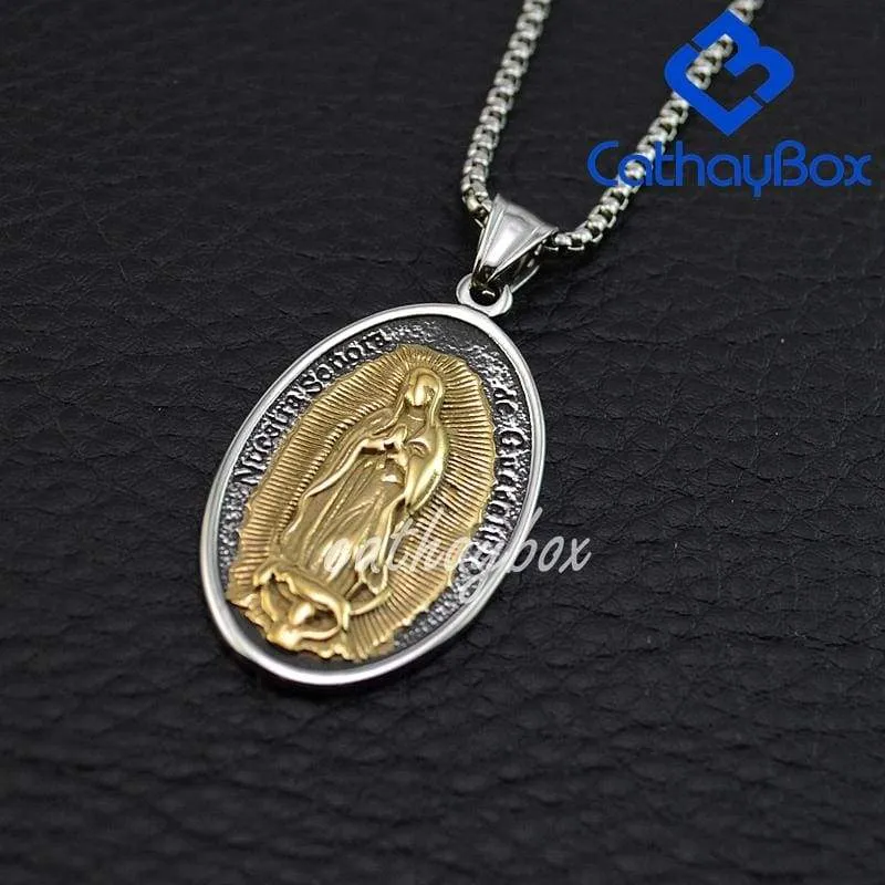 Silver Gold Tone Stainless Steel Oval Our Lady of Guadalupe Saint Mary Pendant Necklace