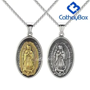 Silver Gold Tone Stainless Steel Oval Our Lady of Guadalupe Saint Mary Pendant Necklace