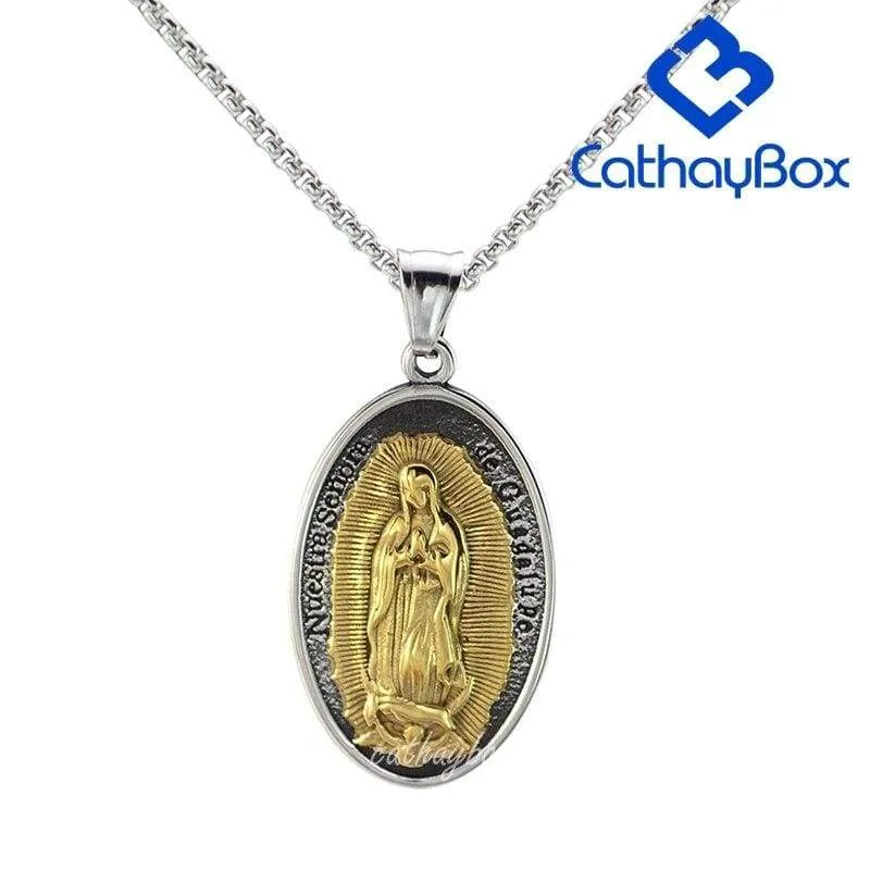 Silver Gold Tone Stainless Steel Oval Our Lady of Guadalupe Saint Mary Pendant Necklace