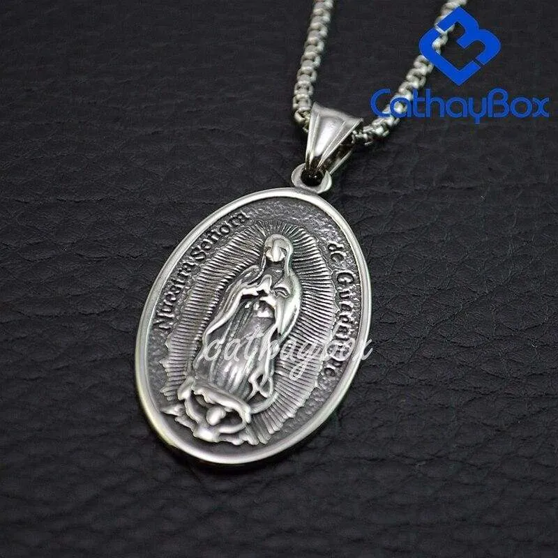 Silver Gold Tone Stainless Steel Oval Our Lady of Guadalupe Saint Mary Pendant Necklace