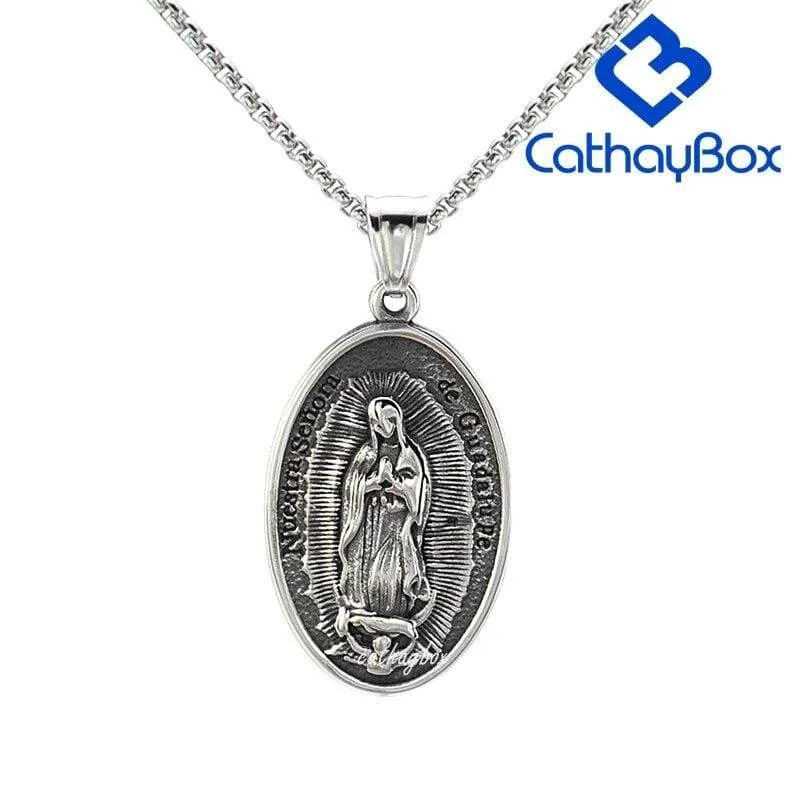 Silver Gold Tone Stainless Steel Oval Our Lady of Guadalupe Saint Mary Pendant Necklace