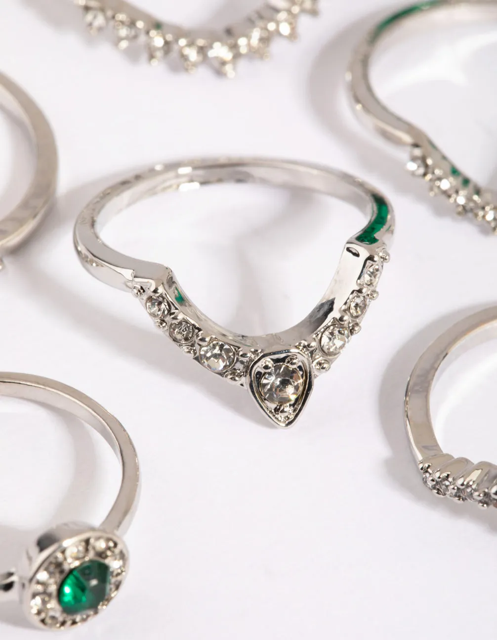 Silver Green Diamante Ring Pack