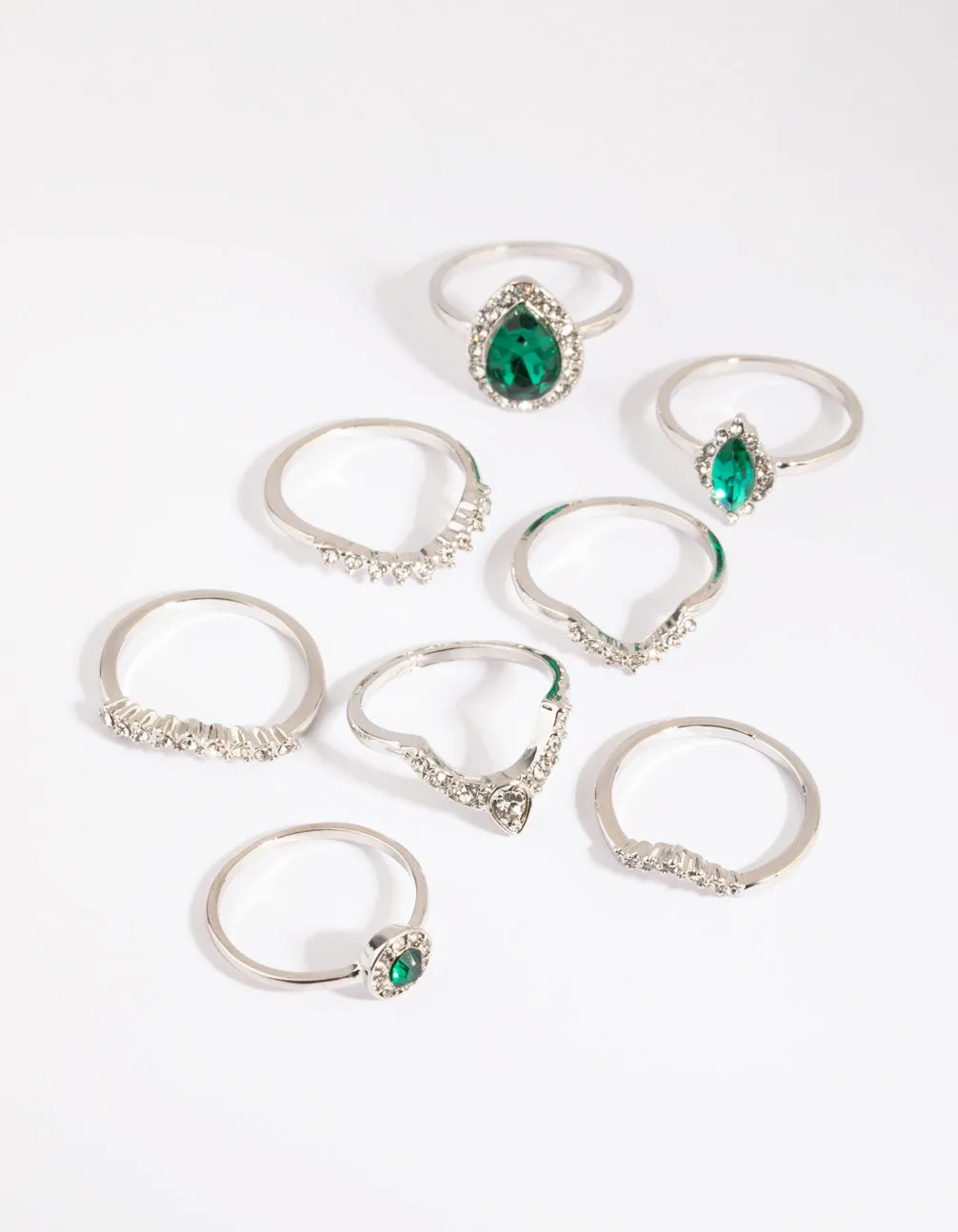 Silver Green Diamante Ring Pack