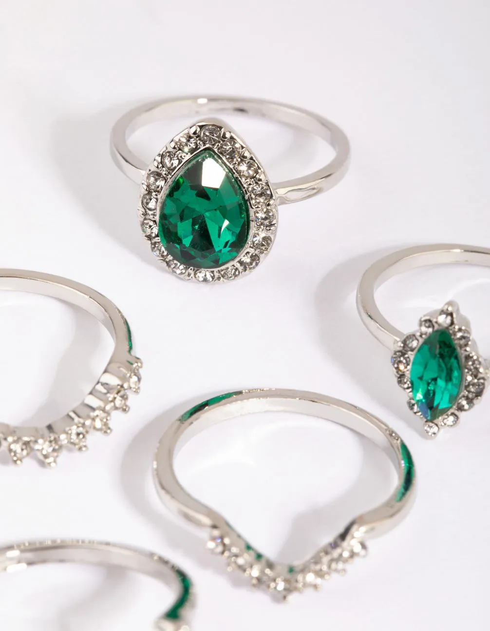 Silver Green Diamante Ring Pack