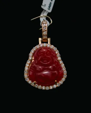 Small Red Buddhas Pendant 14K Yellow Gold With Diamond / 7.4gr